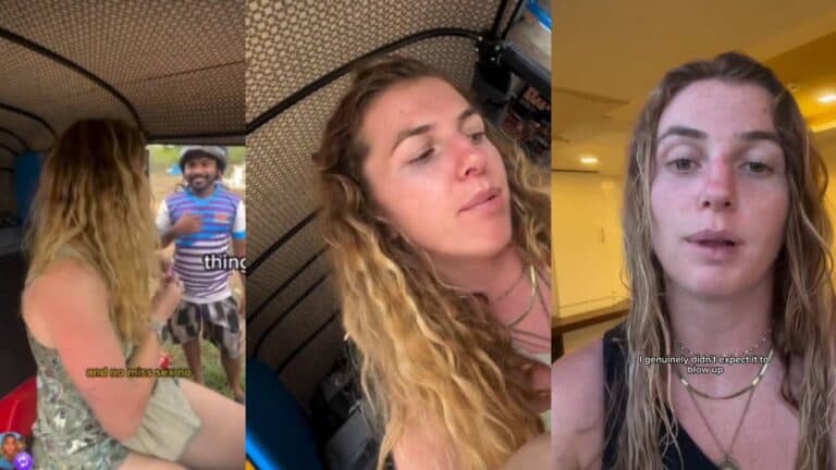 Three-panel image showing a young blonde woman speaking. The left panel shows her sitting in the back of a tuk-tuk talking to a man standing outside. The center panel is a close-up selfie of her speaking. The right panel shows her speaking in a hotel room with the caption "I genuinely didn't expect it to blow up."